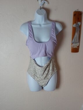 Lilac One-Piece Cut-Out Swimsuit with Cream Leopard Print Bottom